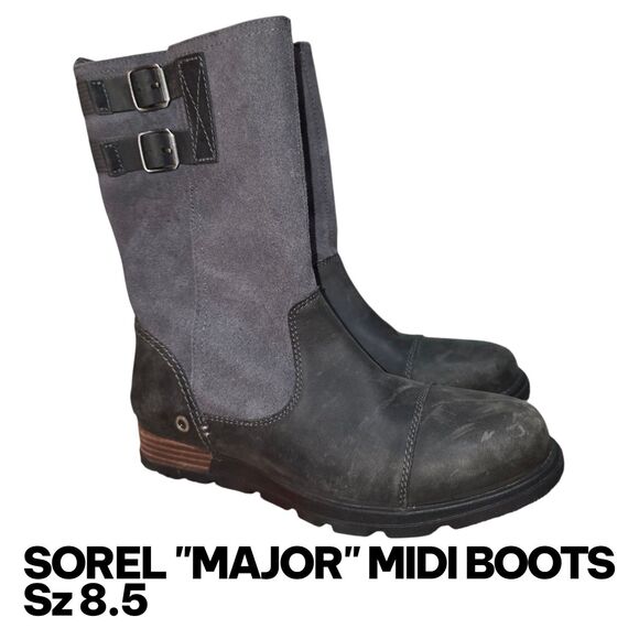 SOREL MAJOR Sz 8.5 Gray Distressed Leather Pull On Side Buckles Logo Midi Boots - Picture 1 of 10